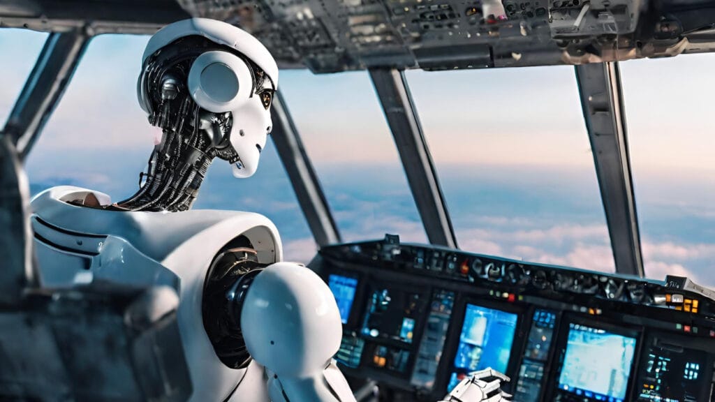 robot sitting in the cockpit depicting future of aviation where AI will surpass human