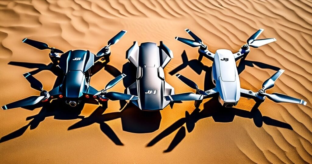 Three small DJI Mavic 3 drones in the desert, propellers facing down, ready for takeoff.