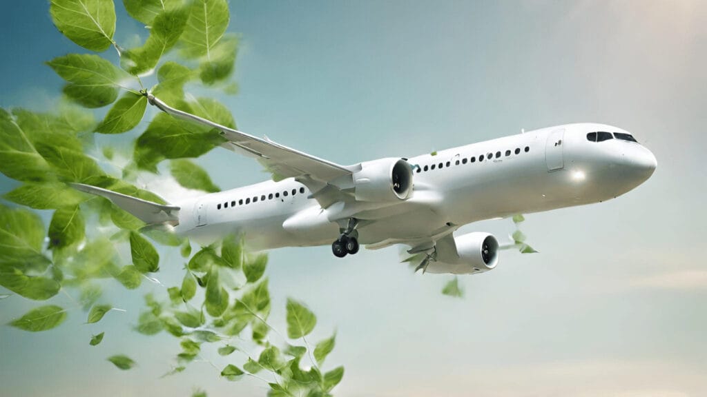 eco-friendly aircraft flying in the skies and showing leaves around it