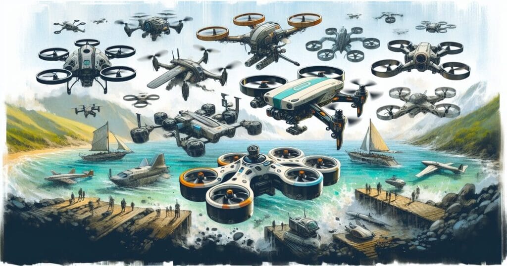 A flock of best drones for travelers soaring above a serene body of water, creating a mesmerizing aerial display.
