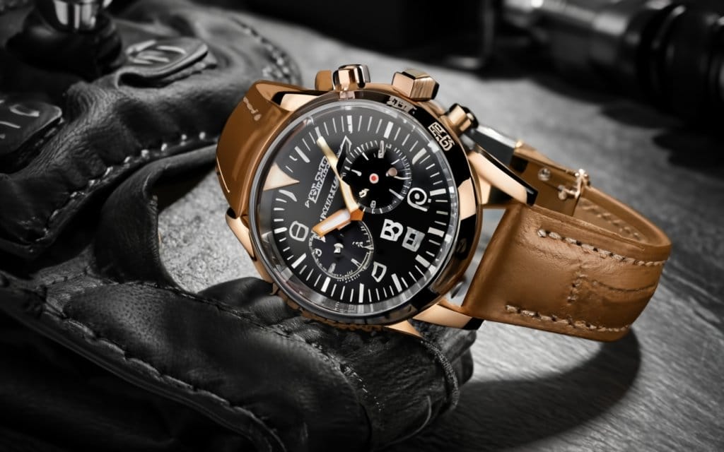 A watch on a leather strap, showcasing elegance and style. This is one the best watches for Aviators as it brings both style and durability.