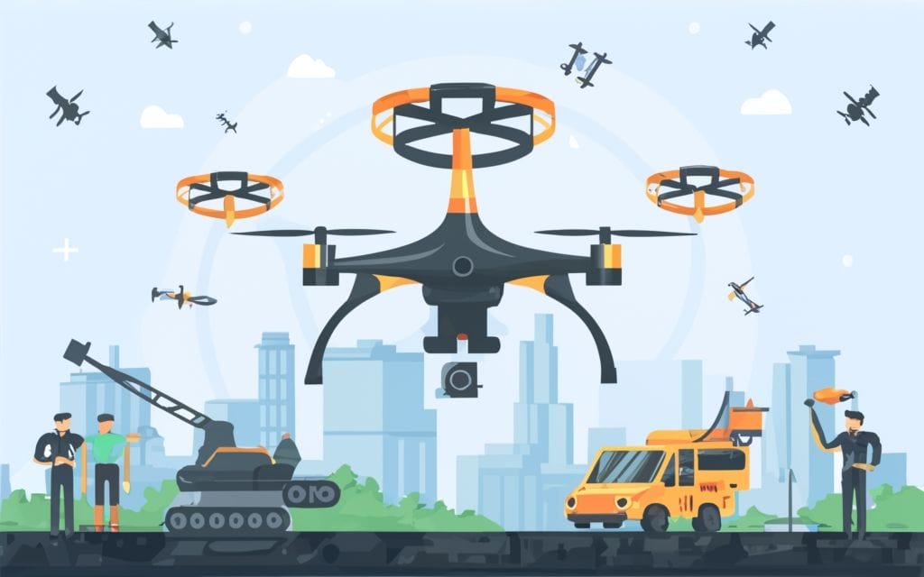 Experience the awe-inspiring sight of people surrounding a drone, car, and truck, showcasing the limitless commercial uses of drones in transportation.