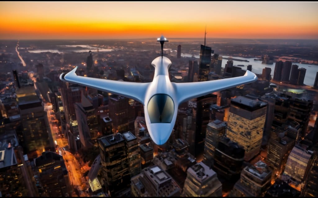 A futuristic eVTOL aircraft gracefully soars over a city at sunset, showcasing the marvels of future aviation technology.