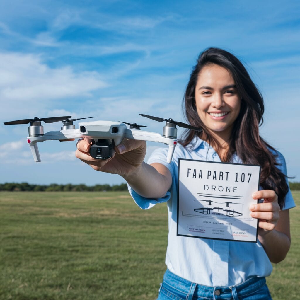 A woman holding a RC Drone and a part 107 Drone License.