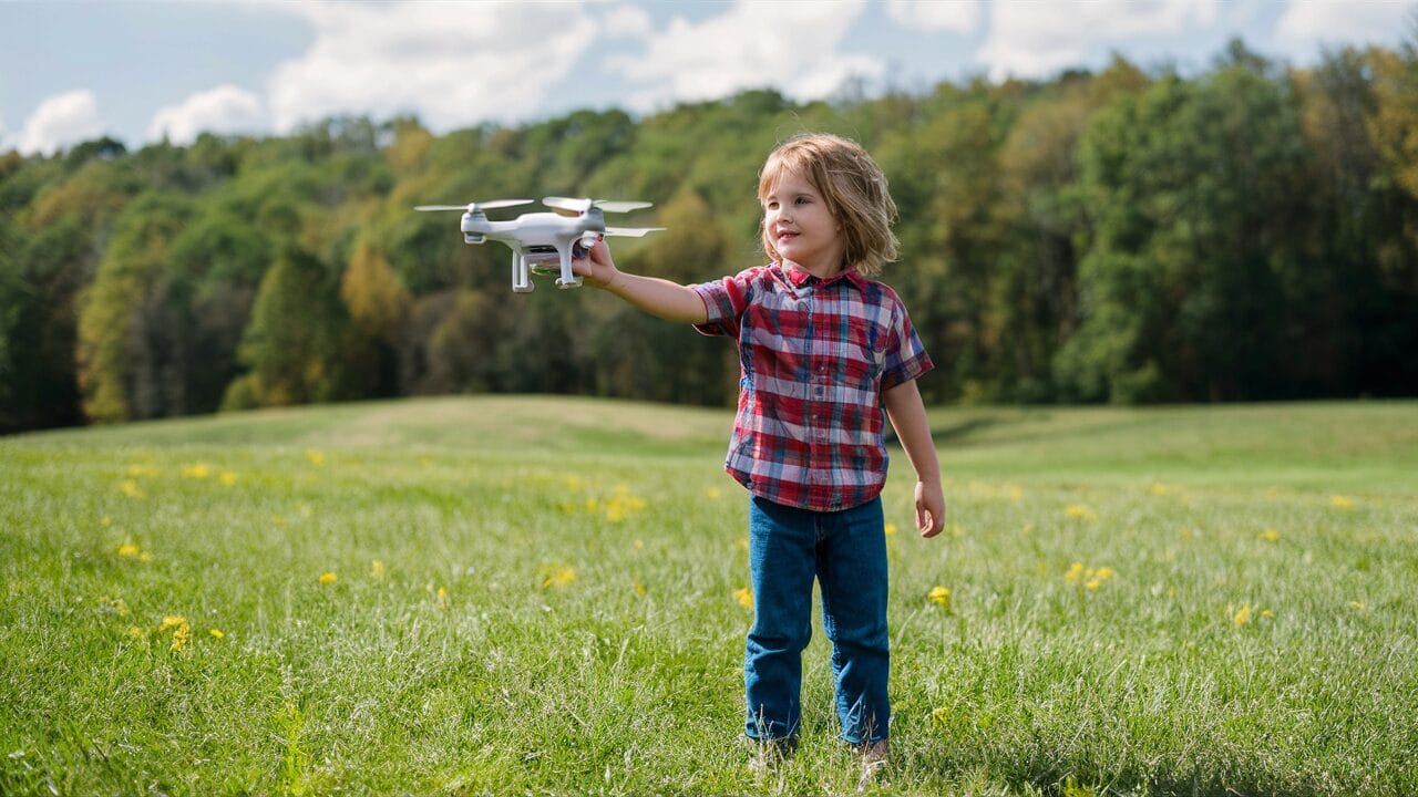 A young boy in a field, holding a remote control, enjoying the best drones for kids.