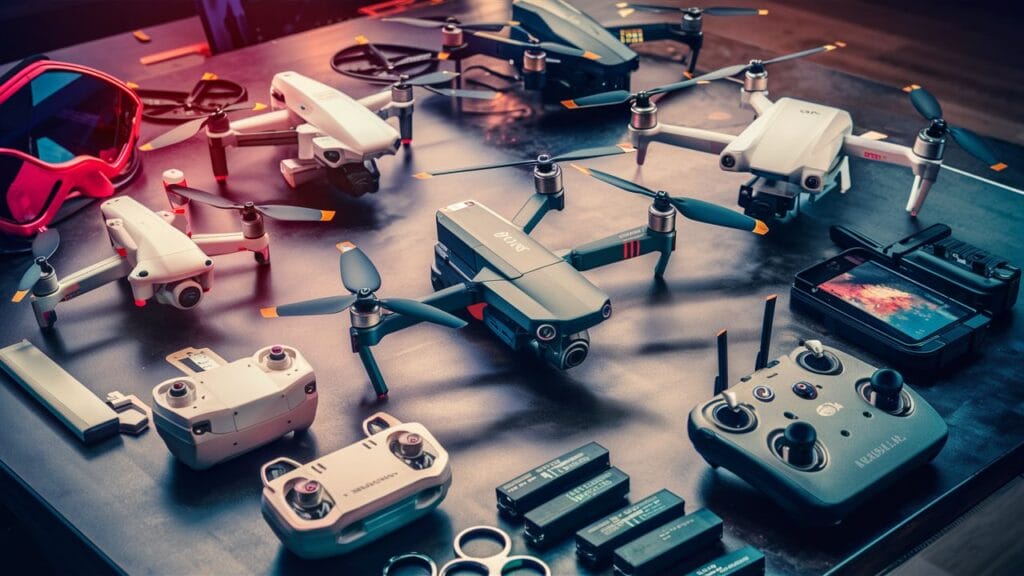 Discover the best drones for beginners on a table with various electronic devices.