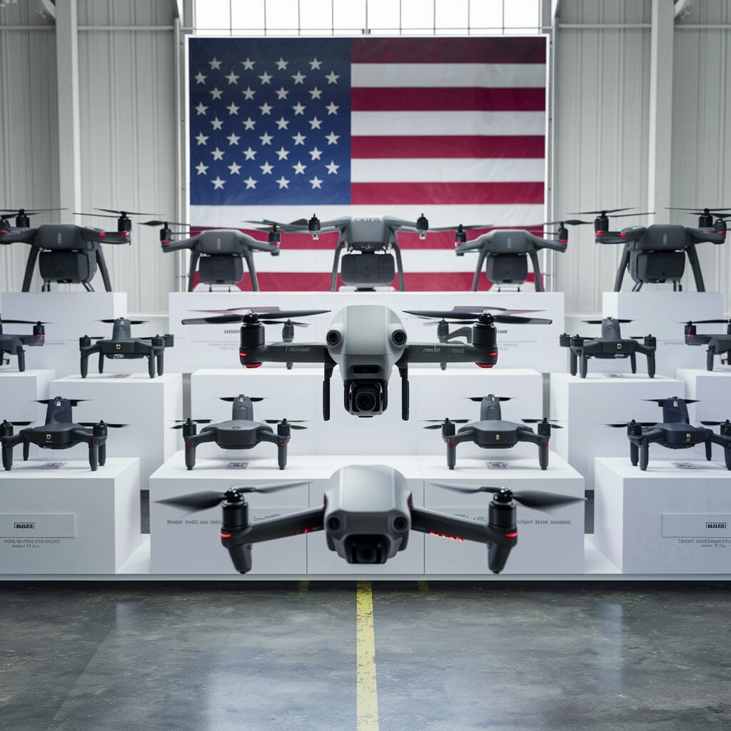 Group of Drones with the background flag of USA, representing Drone Manufacturers in USA.
