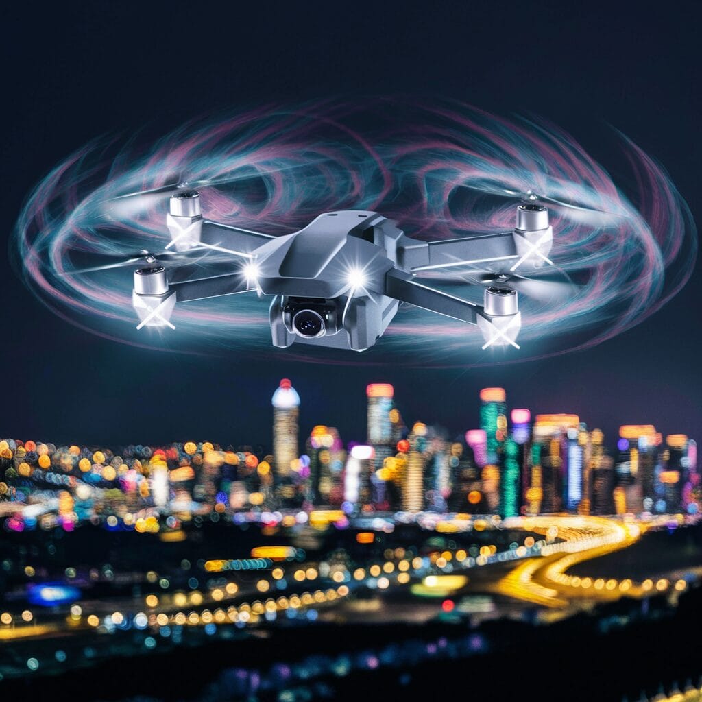 A drone flying at night, illuminated by its own lights, against a dark sky with stars in the background.