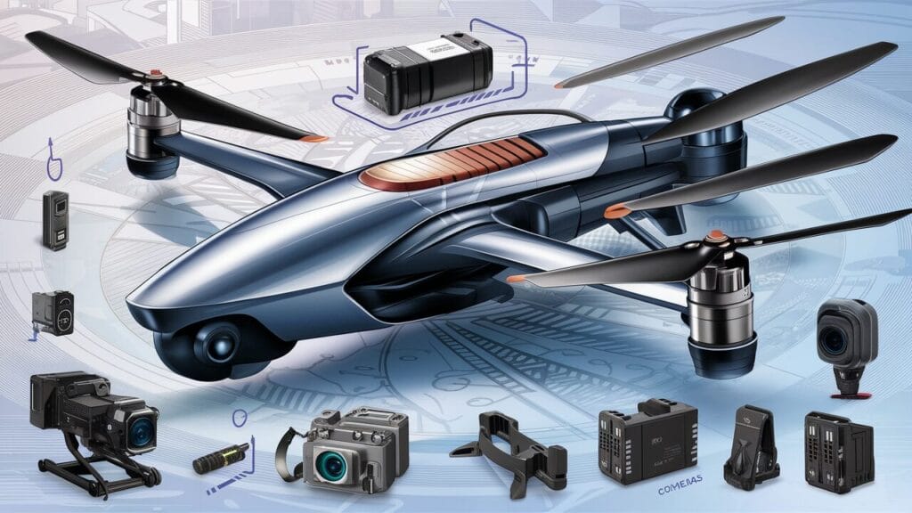 An aerial drone featuring a camera and additional accessories, optimized for prolonged operation due to extended battery capacity. It's one of the best drones with long battery life. 